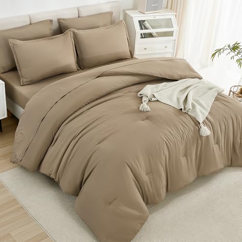Litanika Oversized Queen Size Comforter Set Taupe - 7 Pieces Bed in a Bag Oversized Beddding Sets, Solid Lightweight Bed Set with Comforter, Sheets, Pillowcases & Shams