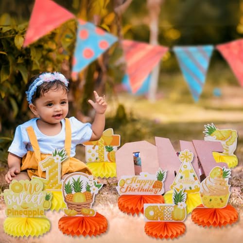 Image of 9pcs Summer Tropical Pineapple First Birthday Honeycomb Centerpieces Sweet One Pineapple Party Table Decorations Party Like A Pineapple Table Topper Sign Centerpieces for Baby Shower 1st Birthday