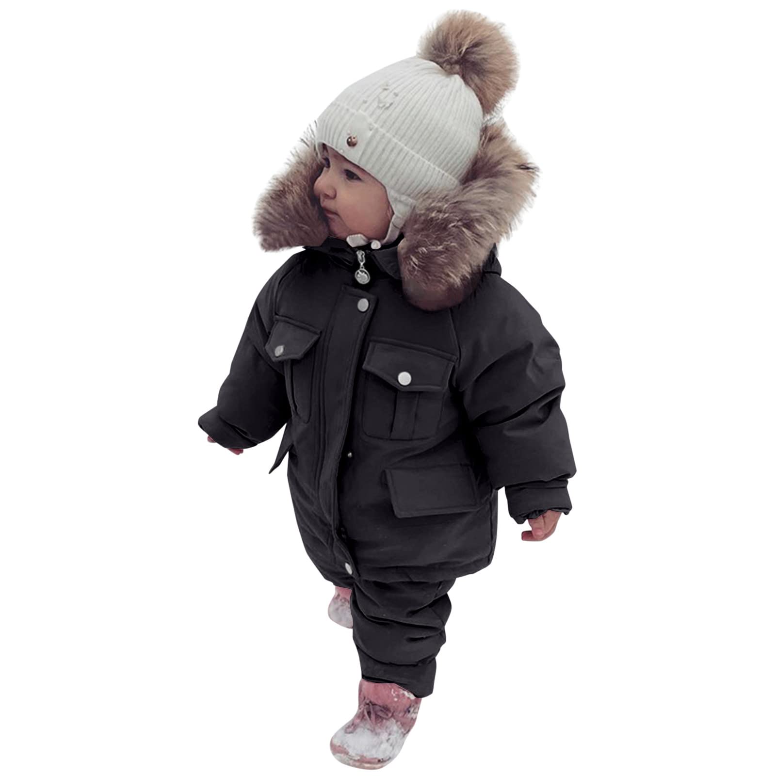 GNGR Bebé Niños Niños Invierno Grueso Abrigo Cálido con Capucha Paraks Mono Mono Pantalones Set Traje de Nieve Hombre Abrigo Corto, Negro , 12-18 Meses