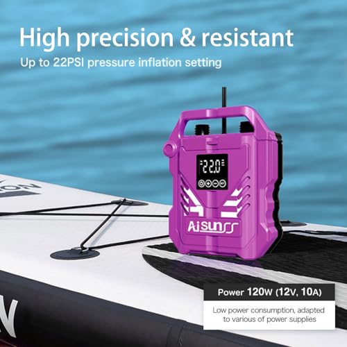 AISUNSS Paddle Board Pump Electric Portable 22 psi High Pressure Air Pump with 12v Dc Car Connector and Portable Boat Accessories for Inflatable Paddle Board/Inflatable Kayak/Boats (Purple)