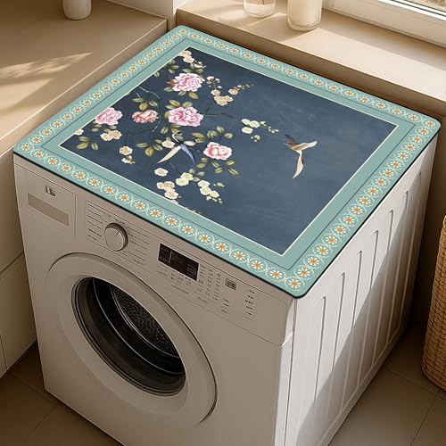 Image of Yellow Weaves Washer & Dryer Cover for Top, 60 x 60 cm, Washing Machine Top Protector Mat for Kitchen /Laundary Room, Water Absorbing, Dustproof, Scratch Resistant & Non-Slip (Floral Blue)