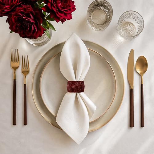 Image of COTTON CRAFT Glitz Beaded Napkin Rings - Set of 12 - Handmade Burgundy Napkin Ring Holders for Dining Table Decor - Elegant Beaded Napkin Rings for Weddings, Parties, Brunch, Holiday Table Settings