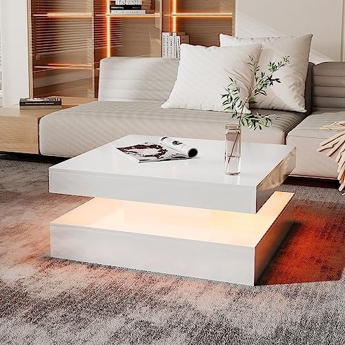 KEEPREAPER White Coffee Table with 16 LED Lights - Square Coffee Tables for Living Room - Modern Coffee Table with 2 Tier Storage, Mirror Effect Cocktail Tables for Home/Bar/Gaming Room/Waiting Room