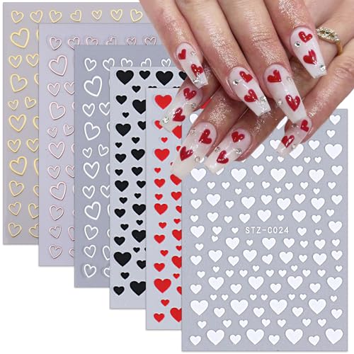 6 Sheets Valentines Nail Stickers 3D Heart Art Decals Black White Red Gold Silver Design Supplies for Women Acrylic Decoration DIY