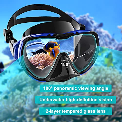 Rabigala Snorkel Diving Mask For Adults, Anti-Fog Tempered Glass Scuba Mask 180°Panoramic Swim Mask With Nose Cover For Scuba Diving Swimming (Blue-Black) #TOP1