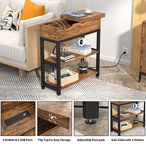 Aheaplus Sofa Side Table With Usb Ports And Outlets, Narrow End Table Set Of 2 With Charging Station, Bedside Nightstand With Storage Shelves, Slim Side Table For Small Space, Living Room, Metal Frame #TOP3