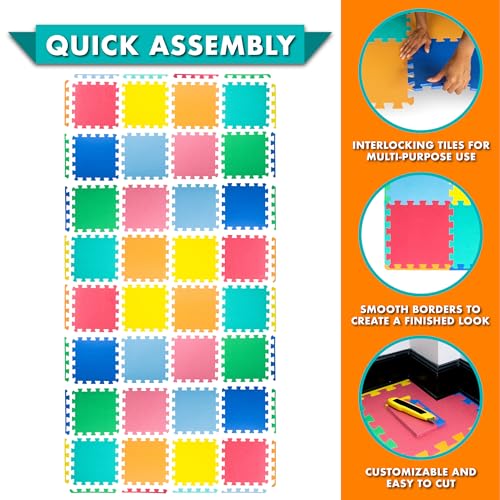 Image of ProSource Baby Play Mat, Soft Foam Floor Tiles for Kids, Interlocking EVA Panels for Playpen Use, Crawling Development Surface, Safe Non-Toxic Toddler Flooring, 32 Tiles, Multicolor