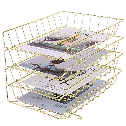 Z PLINRISE Stackable Letter Tray, 4-Tier Desk File Organizer for Mails, Magazines, Documents and Accessories, Wire Paper Tray for Home, School and Office, Gold