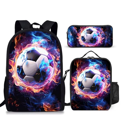 Okentiso Soccer Backpack Set for School, 17 Inch Casual School Bags with Lunch Box, Kids Daypack Bags and Pencil Case Set for Teens Boys Men Students