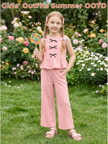 Image of Girls' Clothing Sets Sleeveless Bow Crop Top Wide Leg Linen Pants 2026 Summer Outfits Cute Kids Clothes