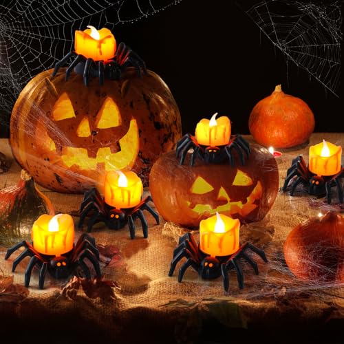 Image of 12Pcs Halloween Spider LED Tea Lights Battery Orange Spooky Home Dec | 3.4X2.8X2 in, Made of Smooth Plastic, Flameless Bright Spooky Decor For Halloween & Fun Holiday Parties