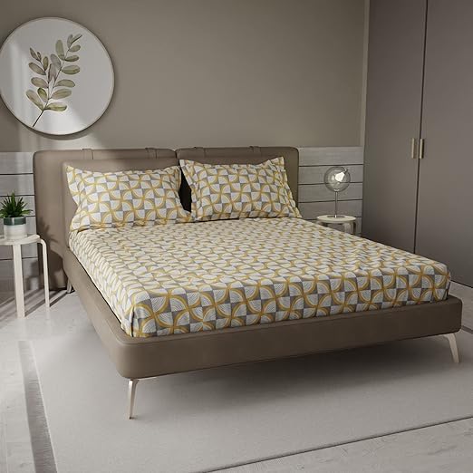 Image of Cotton Feel Glace Cotton Elastic 300 TC Printed Fitted Bedsheet Queen Size Double Bed with 2 Pillow Covers (60 inch x 78 inch inches (Queen Size), Yellow Slice)