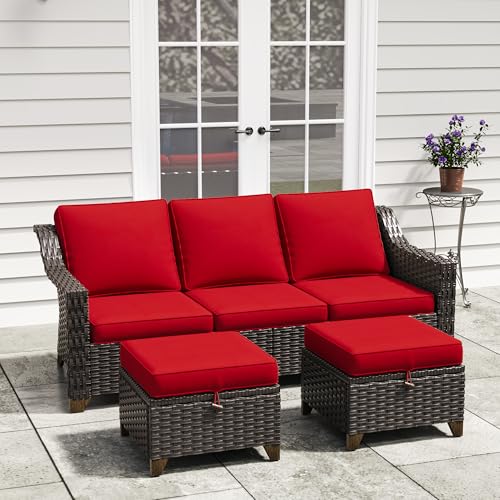 Image of 3 Piece Patio Furniture Set, Wicker Outdoor Conversation Set | Patio Chair Set with Olefin Removable Cushion, All-Weather Outdoor Couch with Deep Seat for Porch, Deck and Backyard, Red