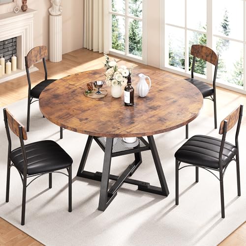 Round Dining Table Set for 6, Kitchen Table and Chairs for 4, Circle Table Round Pedestal Dining Room Dinner Dinette Table Set,5 Piece Space Saving Wood Kitchen & Dining Room Tables (Vintage, 51In)