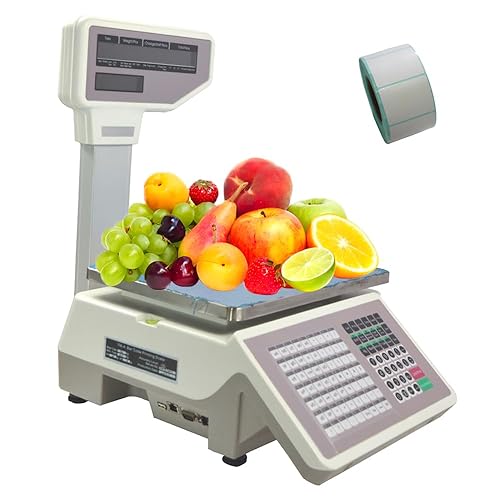 INTBUYING Báscula de computación de precios digitales comerciales con impresora de etiquetas térmicas, báscula de supermercado con capacidad máxima