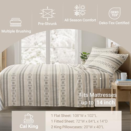 True North by Sleep Philosophy Flannel Sheets Cal King Size, Cozy 100% Cotton Flannel Bed Sheets, Ultra Soft Cute Sheet Set, Elastic Pocket Fits Up to 14" Mattress, Nordic 4 Piece