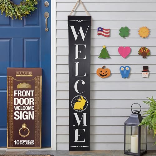 DECOLURE Welcome Sign for Front Porch - Tall Solid Wood Porch Door Sign with 10 Magnetic Seasonal & Holiday Pieces Rustic Farmhouse Outdoor Decor for Year Round Welcoming Entryway (Porch Black)