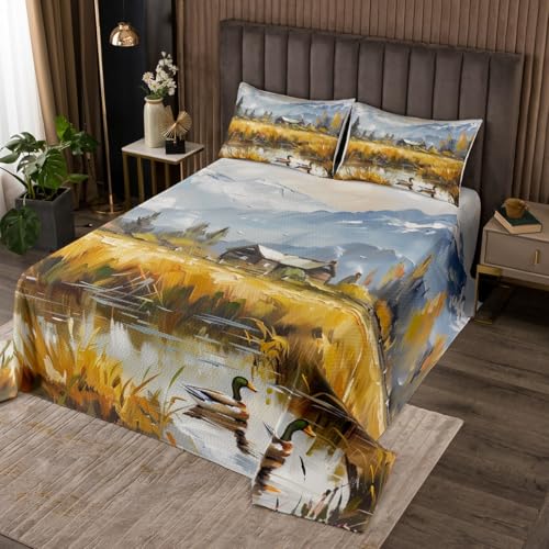 Erosebridal Mallard Duck Bedspread Set King for Nursery Kids Boys Watercolor Woodland Ducks Hunting Coverlet Set Forest Rustic Country Hunting and Fishing Bedding Sets