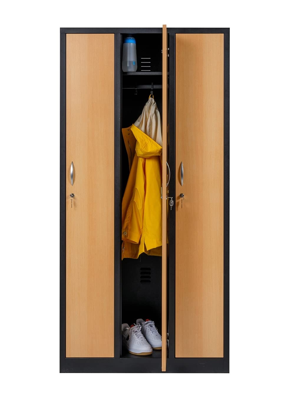 furni24 Garderobenschrank 90 cm x 50 cm x 180 cm schwarz/buche 3-türig 30 cm Abteilbreite fertig montiert Verschiedene Ausführungen verfügbar