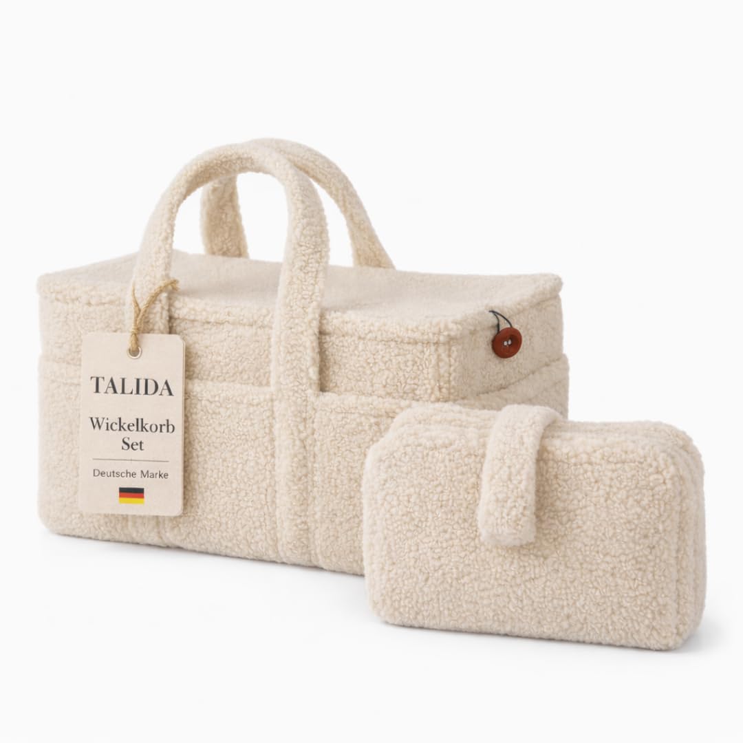 TALIDA Wickelkorb Teddy Set - Wickelorganizer mit Zubehörtasche – Aufbewahrungskorb für Feuchttücher und Babyartikel - Organizer für Wickeltisch und Windeltasche, Feuchtüchertasche (2, Beige) - 2