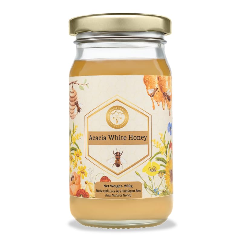 Acacia White Honey | Natural Unprocessed Himalayan Honey With Mild Floral Flavor | Natural Sweetener For Tea Coffee Baking And Desserts | No Added Sugar | Glass Bottle | 250 Ml