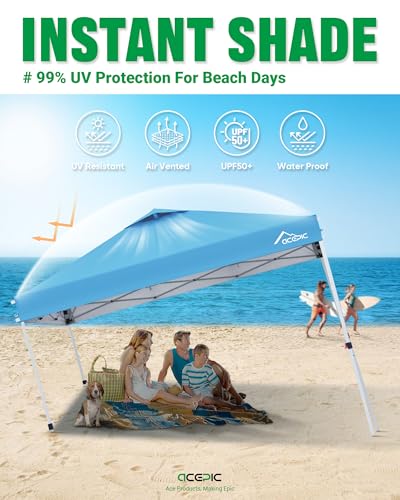 Image of Acepic 10x10 Pop Up Canopy Tent, Silver-Coating Top,Pop Up Canopy Tent Instant Portable Shelter with 1-Button Push and Wheel Carry Bag, 8 Stakes and 4 Upgraded Canopy Weights (Serene Blue, 10x10)