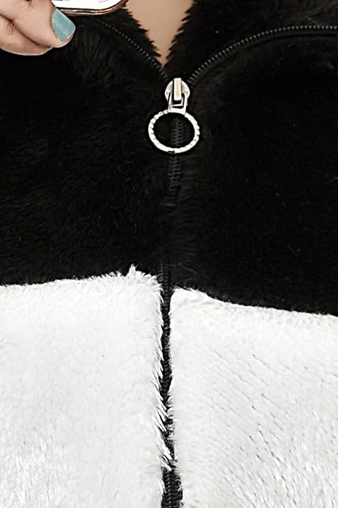 Image of Qadri Fashion Women's Fleece Winter Contrast Jacket, Wool Zip-Up, Soft Fluffy Cold-Weather Outerwear (Black)