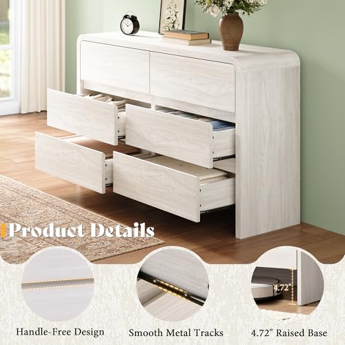 Image of AMERLIFE 6 Drawer Dresser for Bedroom, 49 inch Wide Modern Storage Cabinet with Rounded Edges & Anti-Tip Kit, Wood Chest of Drawers for Closet, Hallway (White, 15.8 inch D*48.8 inch W*33.3 inch H(6 Drawers))