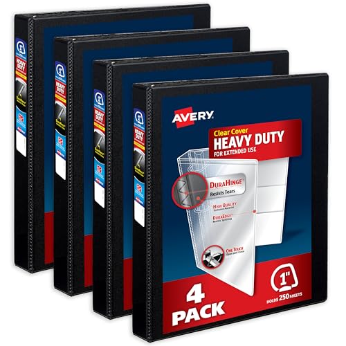 Image of Avery Heavy-Duty View 3 Ring Binders, 1 Inch One Touch Slant Rings, DuraHinge, 1.4 Inch Wide Spine, Customizable Clear Cover and Spine, Black Binders (4-Pack of 79868)