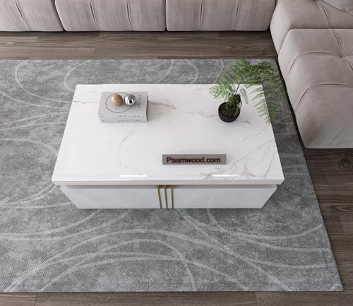 Image of Premium Marble-Top Wooden Center Table for Living Room | Coffee Table | Contemporary Design Craftsmanship (White with Drawer -42x24x17 Inch)