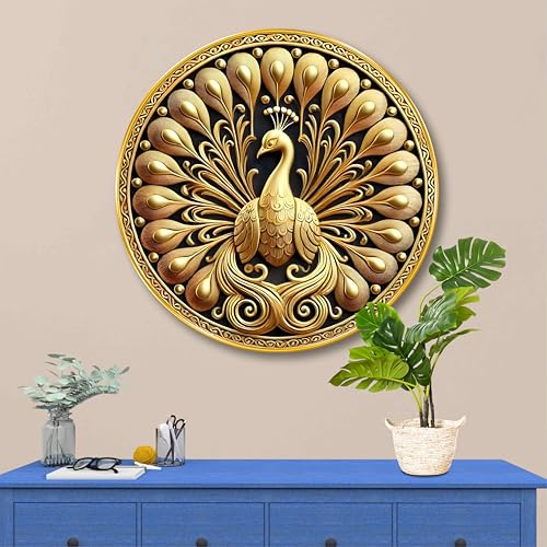 Image of SAF Golden Peacock Round Wall Art | 3D Embossed MDF Panel with Metallic Finish | Luxurious Home & Office Wall Decor | Elegant Artistic Frame for Living Room, Bedroom (20 x 20 Inch) GRL-304