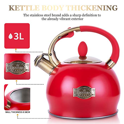 SUSTEAS Red Stove Top Whistling Tea Kettle-Surgical Stainless Steel Teakettle Teapot with Cool Toch Ergonomic Handle,1 Free Silicone Pinch Mitt Included，2.64 Quart - Thumbnail 2