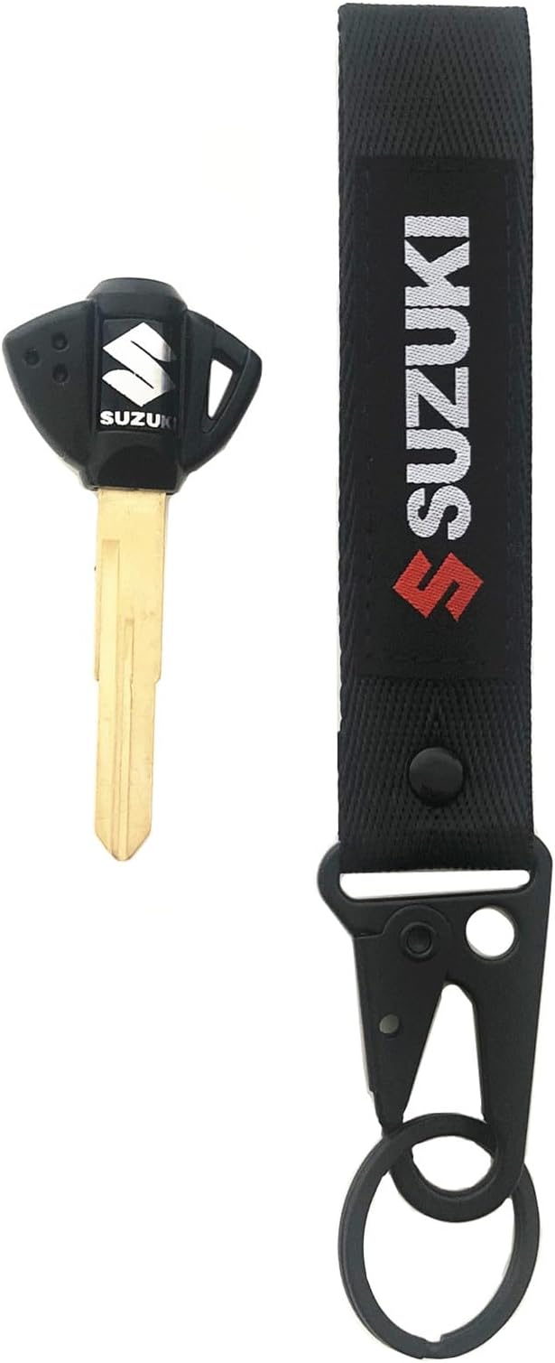 MELD Motorcycle Key Blank Uncut Blade For Suzuki GSXR 600 750 1000 GSX1300R GSF 650 with Key Chain Embroidered Tag Key Ring Accessory Karabiner Shackle (Black)