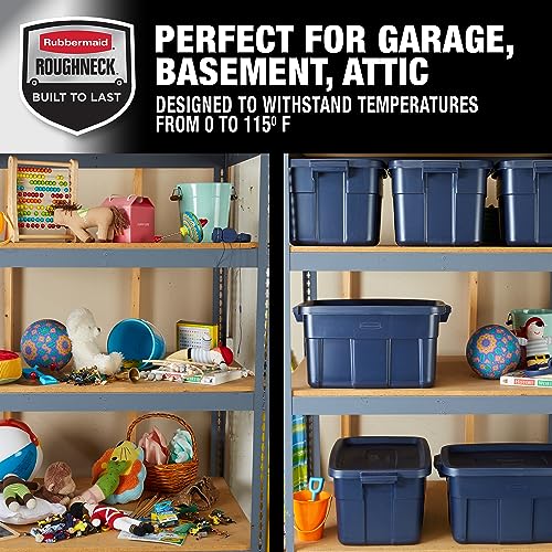 Image of Rubbermaid Roughneck Tote 14 Gal, 6 Pack, Made in USA, Dark Indigo Metallic, Rugged Plastic Stackable Storage Bins with Lids and Handles