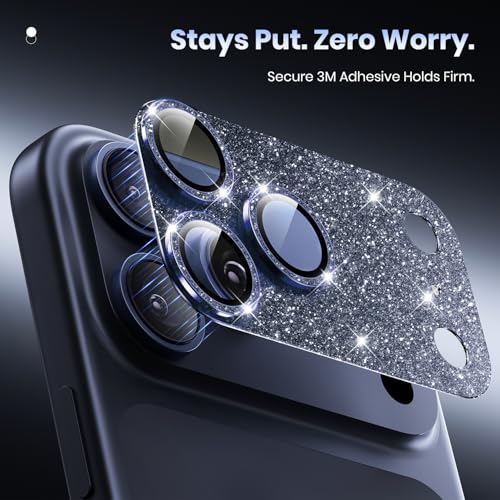 Image of Hoerrye for iPhone 17 Pro Max Camera Lens Protector - [12FT Shatterproof Military Grade] [Strong Adsorption] Metal 9H+ Tempered Glass Camera Screen Full Cover Case Friendly,Glitter Deep Blue