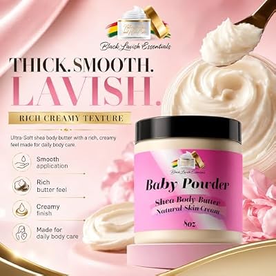 Ultra-Soft Shea Body Butter, Dry Skin Cream for Radiant Moisturized Skin, Natural Hydrating Body Lotion with Aloe Vera, Argan Oil, Rosehip Oil, (Baby Powder, 8oz)
