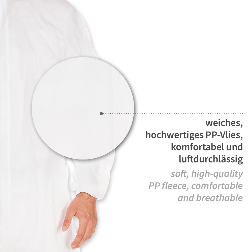 FRANZ MENSCH 50 Stück Hygostar Overalls mit Kapuze | PP, Karton, weiß, XXL, L: 180cm, Umfang: 140cm, Hygienebekleidung, Schutzkleidung, Schutzanzug