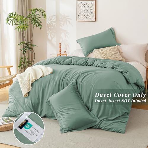 Image of MILDLY Duvet Cover Twin Ultra Soft Comforter Cover Set 2pcs, Sage Green | Washed Microfiber Cotton-Like, Breathable Comfort, Hidden Zipper, Corner Ties, OEKO-TEX Certified, Fade Resistant