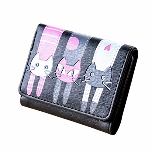 VENMO Dinero Cartera de piel para Mujer, Gato Patrón Moneda Monedero Billetera Corta Tarjeta porta Bolso (Negro)
