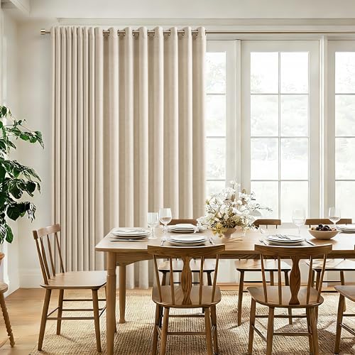 Image of 72 Inch Wide Grommet Warm Beige Linen Curtains 90 Inch Length | 1 Panel, Extra Wide, Ecru Drapes, for Patio Sliding Glass Door, Light Filtering, Semi Sheer, Privacy Curtains, Living Room