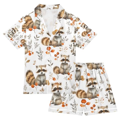 senya Raccoon Autumn Leaves Satin Summer Pajama Sets Silk Short Sleeve Button Down Sleepwear