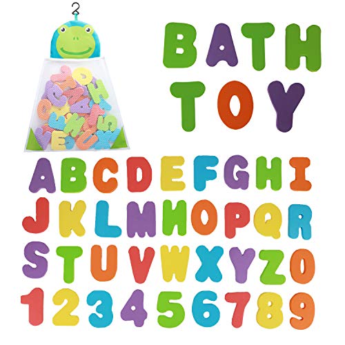Image of Bath Toys Organizer + 36 Soft Foam ABC 123 Letters & Numbers Bathroom Alphabet Baby Toys for Early Learning Foam Letters and Quick Dry Storage Net Bag