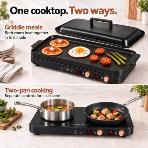 COOKTRON Portable Induktionskochfeld 2 Brenner mit abnehmbarem Eisen Guss Grillpfanne Antihaft...