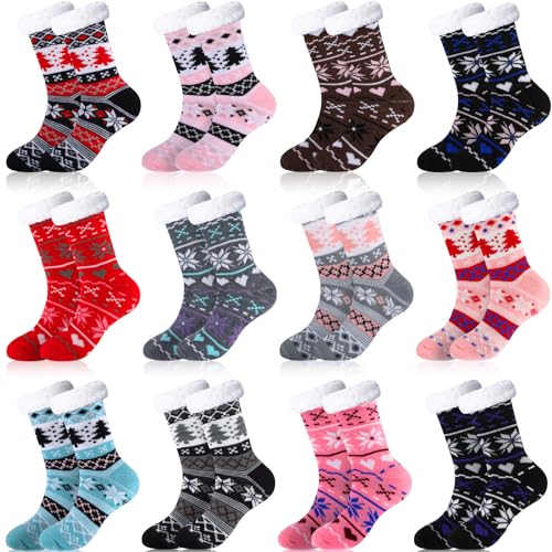 Image of Handepo 12 Pairs Fluffy Thermal Slipper Socks with Grippers Non Skid Knit Christmas Sock Soft Winter Thick Socks for Women (Stylish Style)