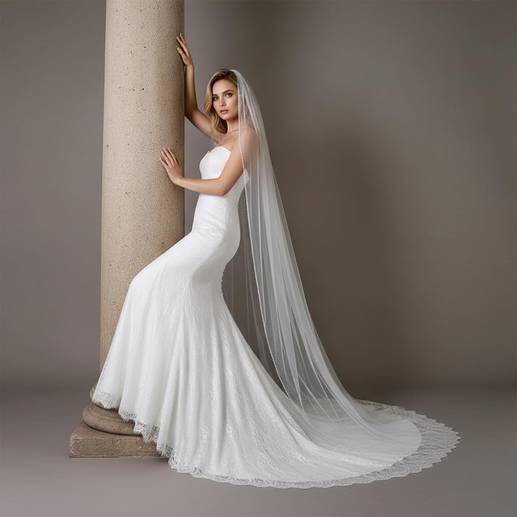Wedding Veil for Bride 1 Tier Bridal Veil with Crystals Beaded Edge for Women and Brides