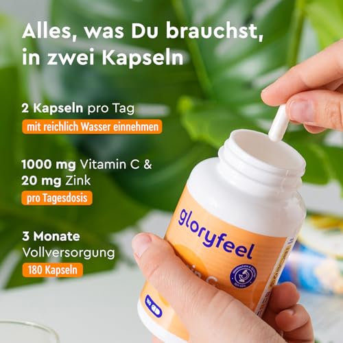 Vitamin C Hochdosiert 1000mg + Zink 20mg - 180 Kapseln - Pflanzlich fermentiert & gepuffert (pH-neutral, säurefrei, magenschonend) - Laborgeprüft, vegan ohne Zusätze hergestellt