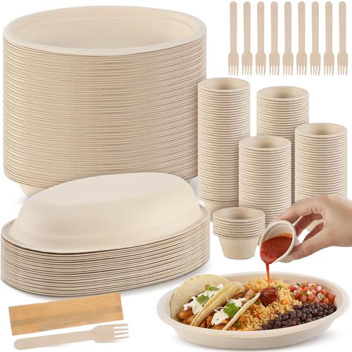 Havawish 100 Sets 28oz Oval Disposable Paper Bowls with Dipping Cup and Fork Chipotle Style Meal Prep Containers Microwavable Design for Burrito Bowls Salad Office Lunch Deli Party for 100 Guests