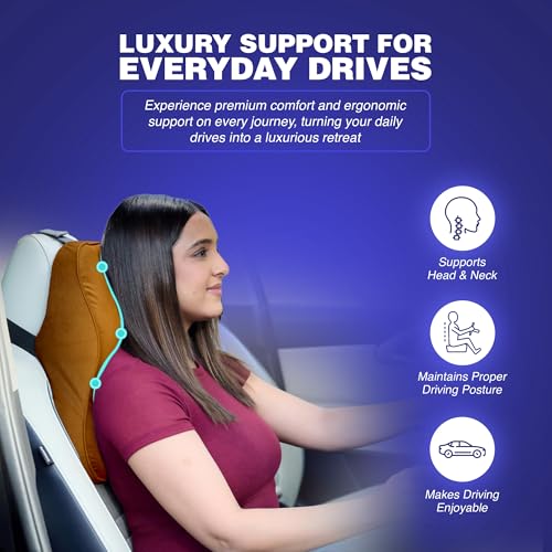 Image of WELLGIVER Orthopedic Memory Foam Car Neck Rest Pillow - Cervical Support Cushion for Neck Pain Relief, Adjustable Strap - Universal Fit for All Cars | TAN Velvet | Pack of 2