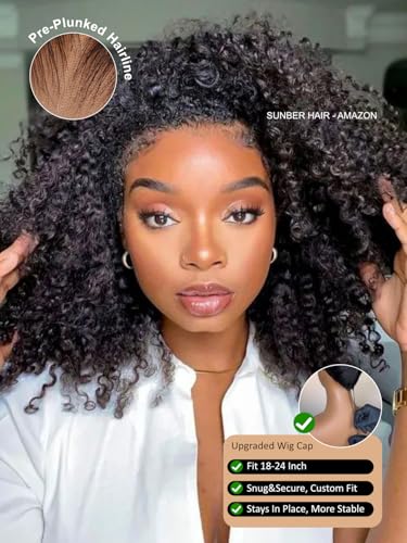 Image of Kinky Curly Human Hair Glueless Wigs Bye-Bye Knots 180% Density Pre Cut 7x5 Lace Front Middle Part Micro Twist Curly Wig with Finger Coils End for Natural Afro Texture Pre Plunked Knots 22Inch