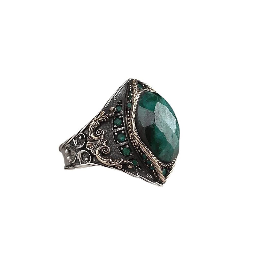 Mayiyaho Men's Silver/Dark/Green Punk Muslim Jewelry Turkish Handmade Color Rings Vintage Carved Eagle Pattern Zircon Stone Rings
